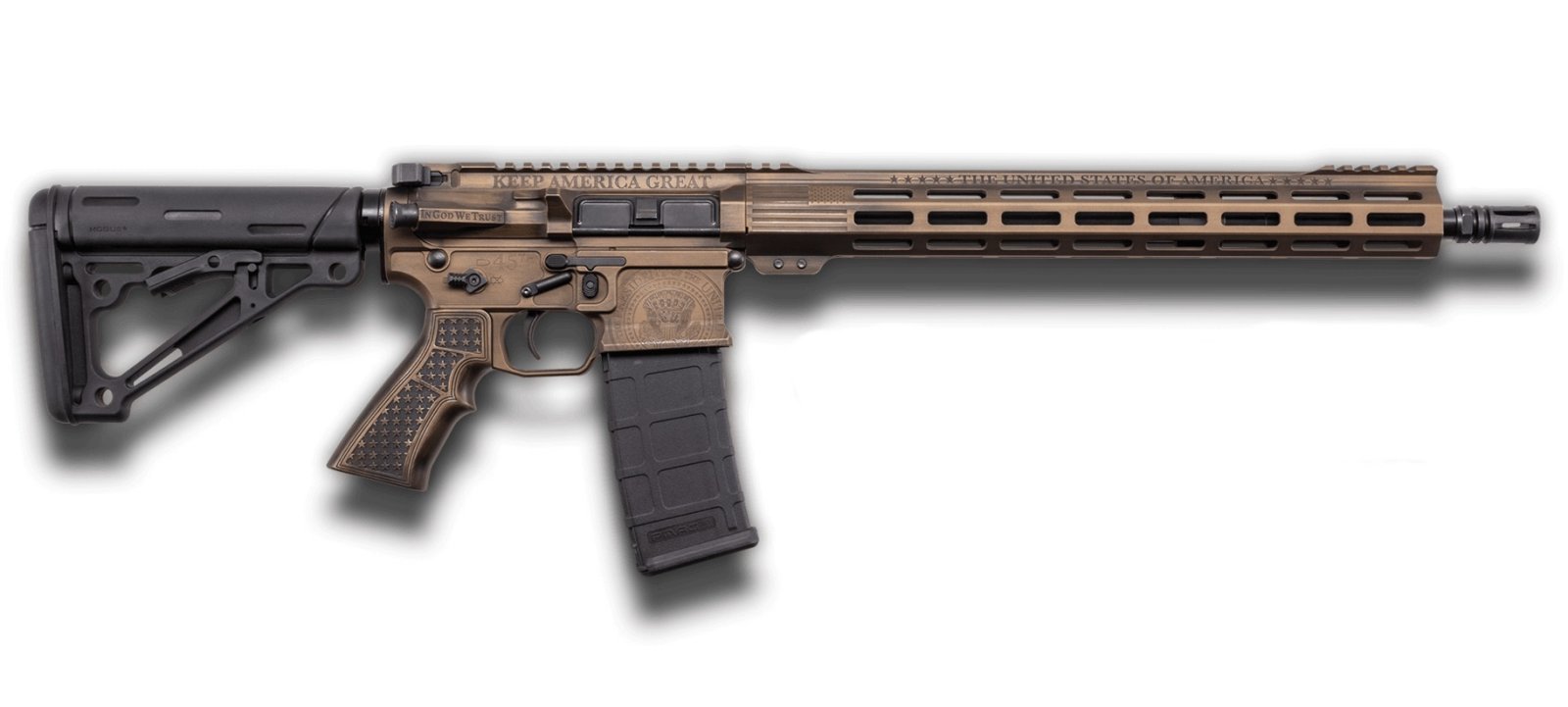Thompson T1-14-50DC2 Deluxe Carbine - Trump Save America Special Edition, .45 ACP, 16.5" Finned Barrel, Sniper Gray/Black Finish, Engraved American Walnut, 50/20 Round Magazines - Auto-Ordnance - 223 Rem | 5.56 NATO