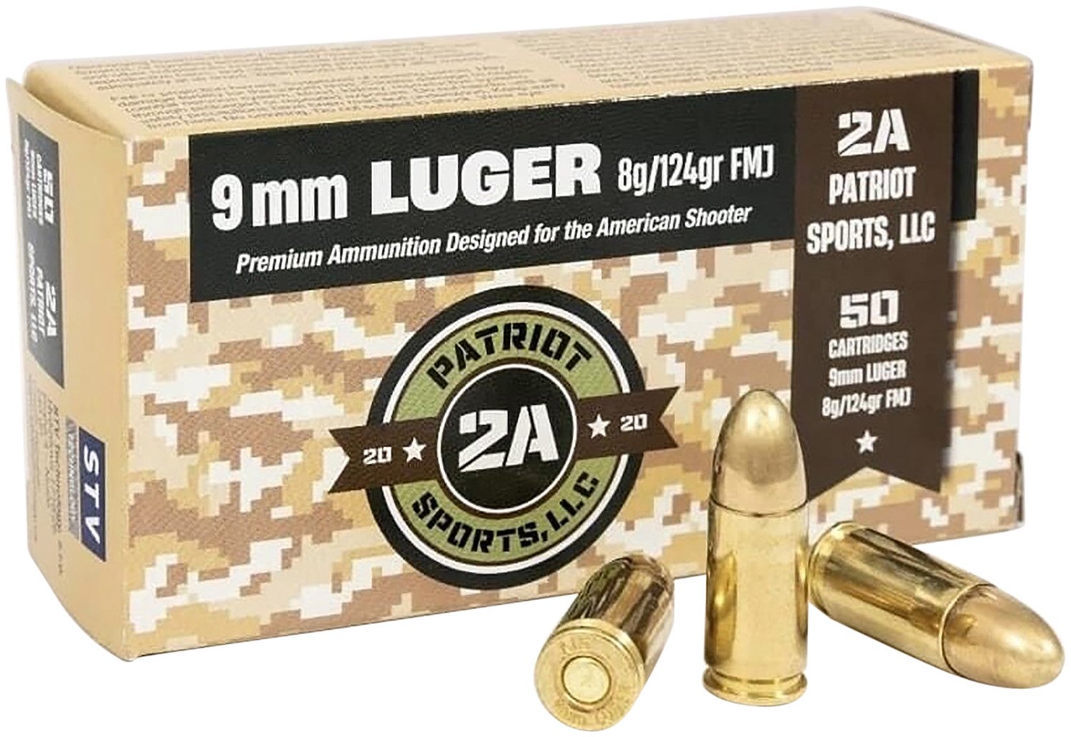 Patriot Sports Brass Case Handgun Ammunition 9mm Luger 124gr FMJ 1148 fps 50/ct
