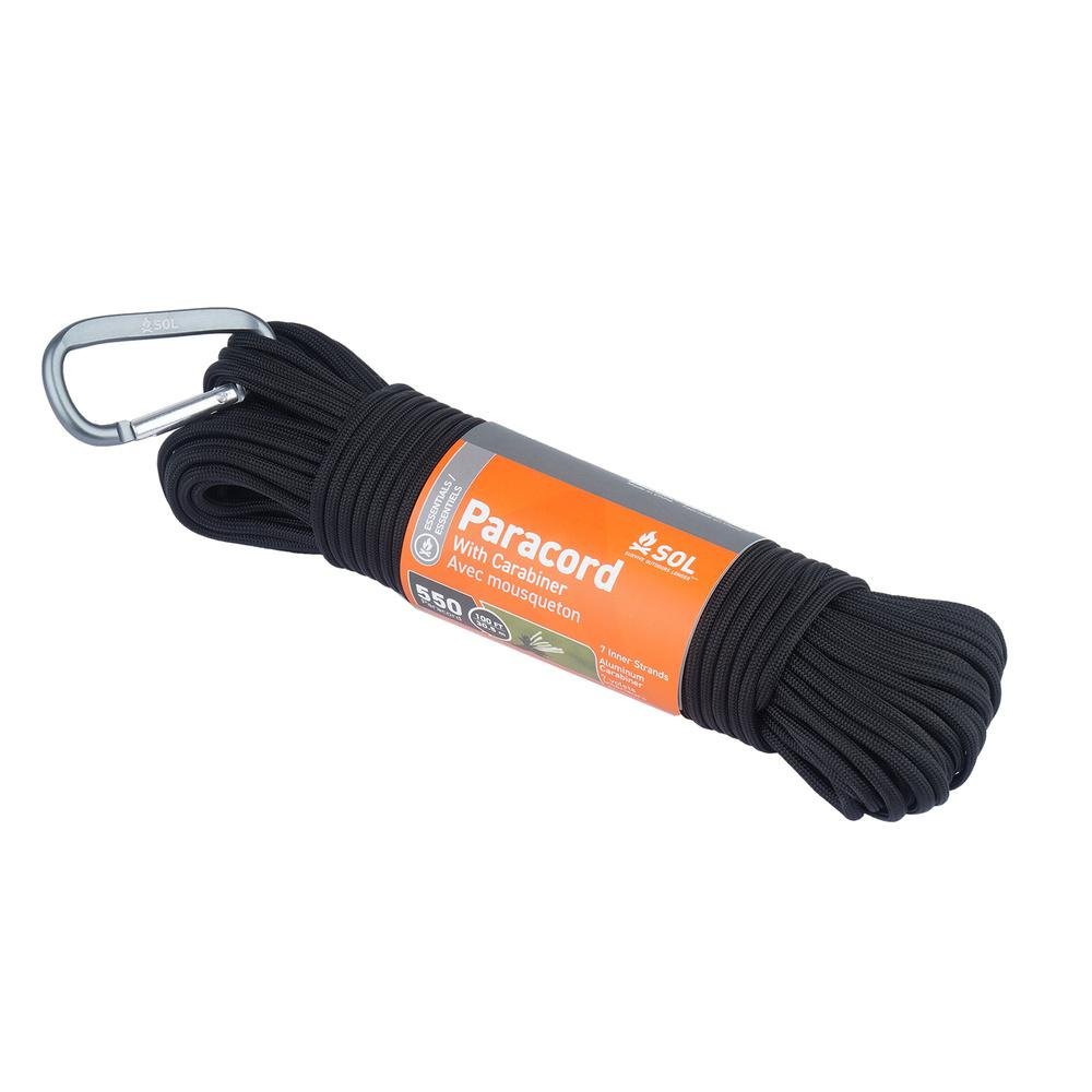 SOL 0140-0039 550 Paracord 100ft w/ Carabiner Black - SOL