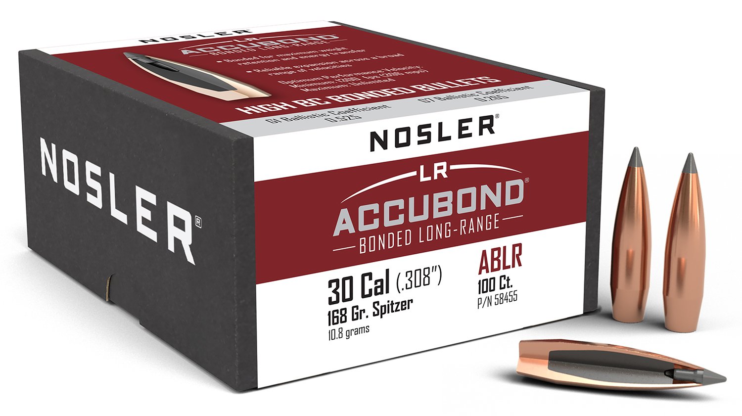 Nosler 58455 AccuBond Long Range 30 Cal .308 168 gr Spitzer Point Boat-Tail 100 Per Box - Nosler - 30 Caliber