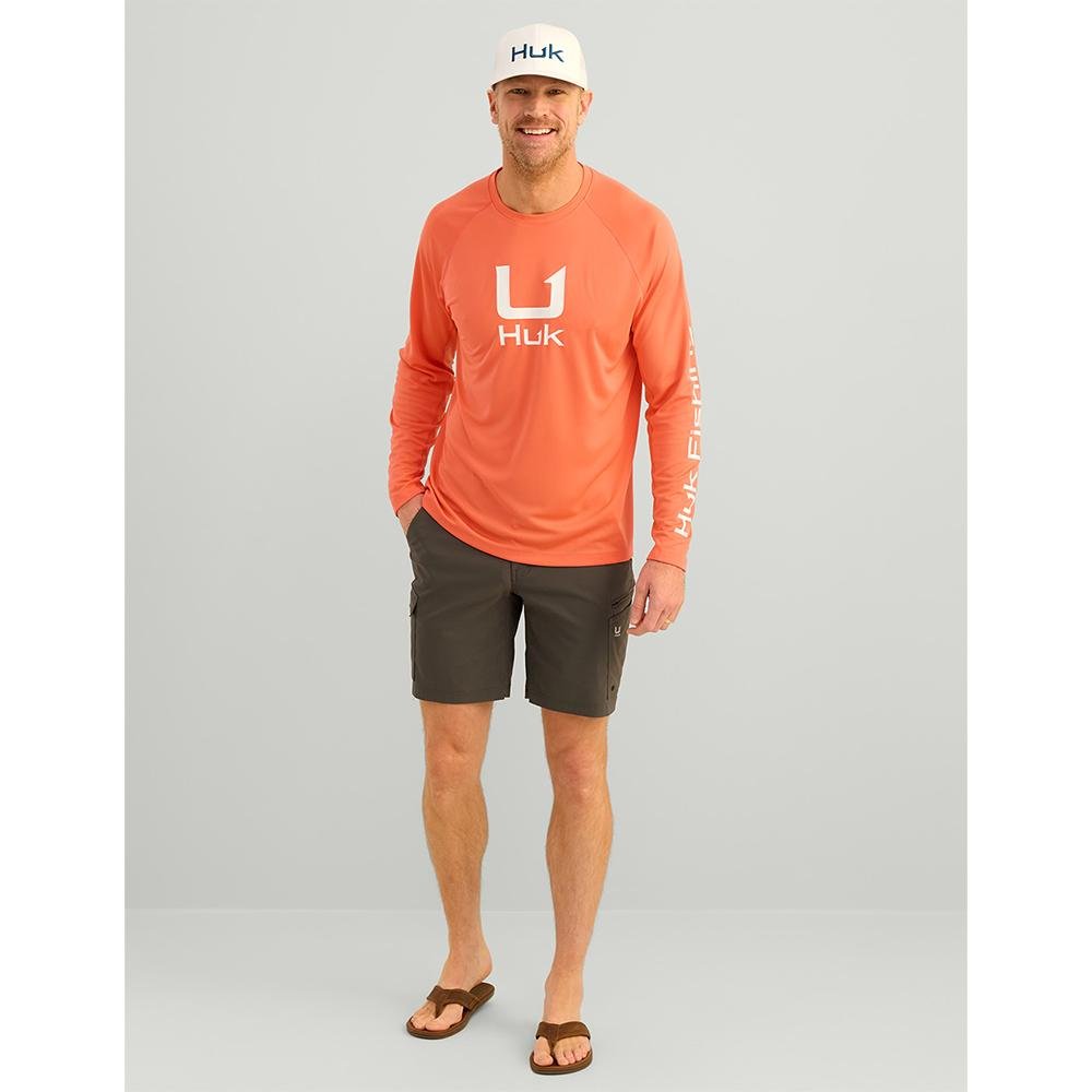Huk H1200573-821-M Icon Crew Long Sleeve Shirt Fresh Salmon M 50+ UPF - Marolina DBA HUK