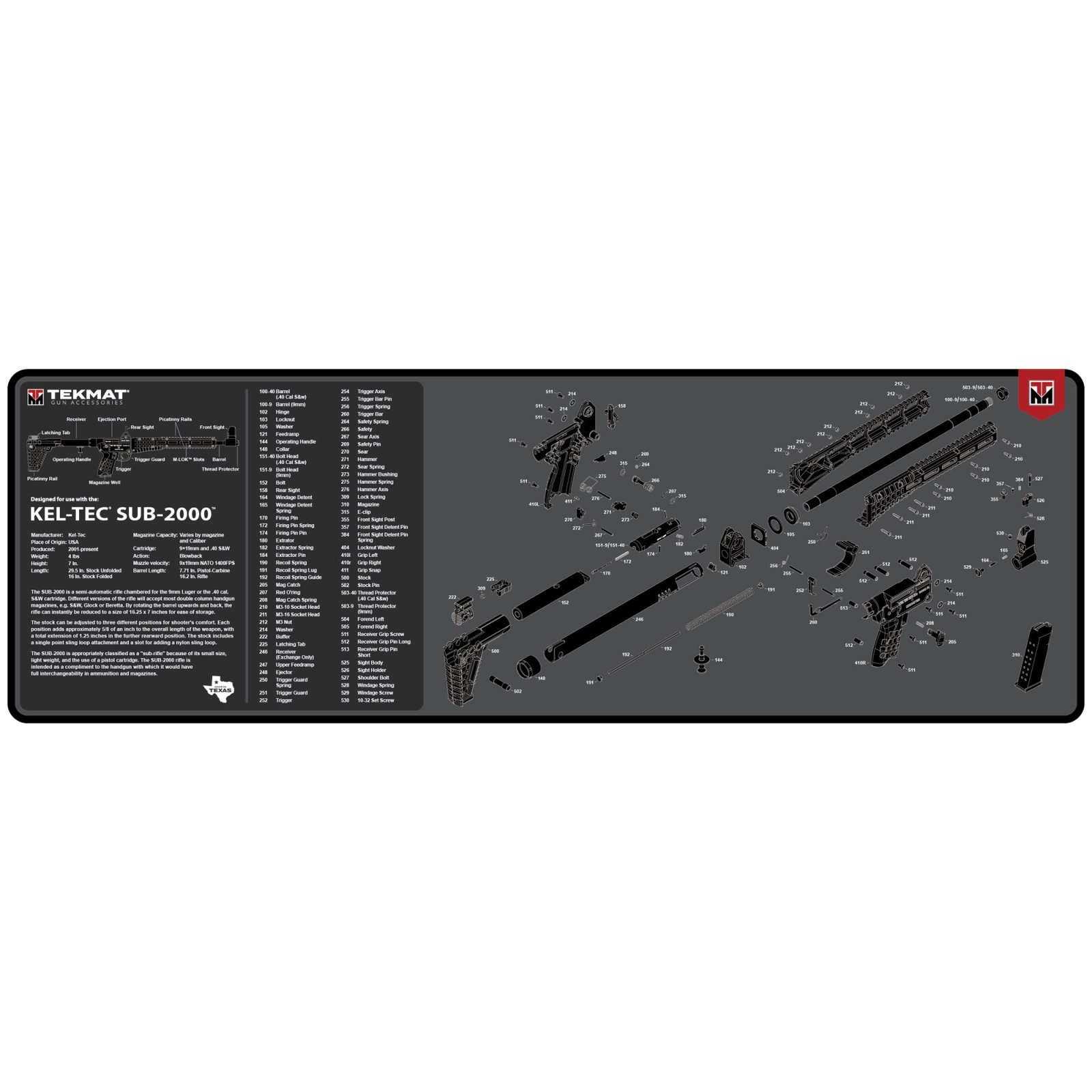 TekMat TEKR36KELSUB2 Kel-Tec SUB2000 36" Cleaning Mat Black/White Rubber