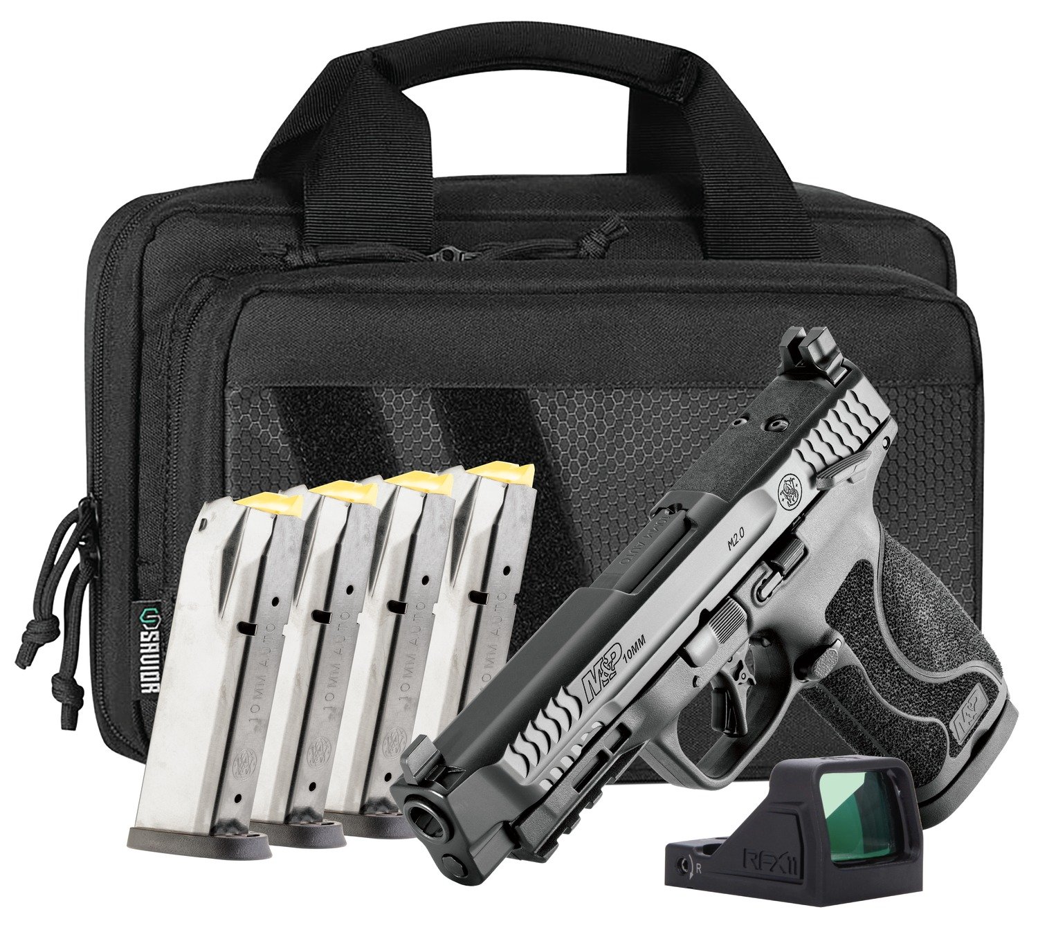 M&P 10mm M2.0 OR Bundle Handgun 10mm Auto 15rd Magazines(4) 4.6 Barrel Thumb Safety Savior Bag RFX11 Green Dot - Smith & Wesson