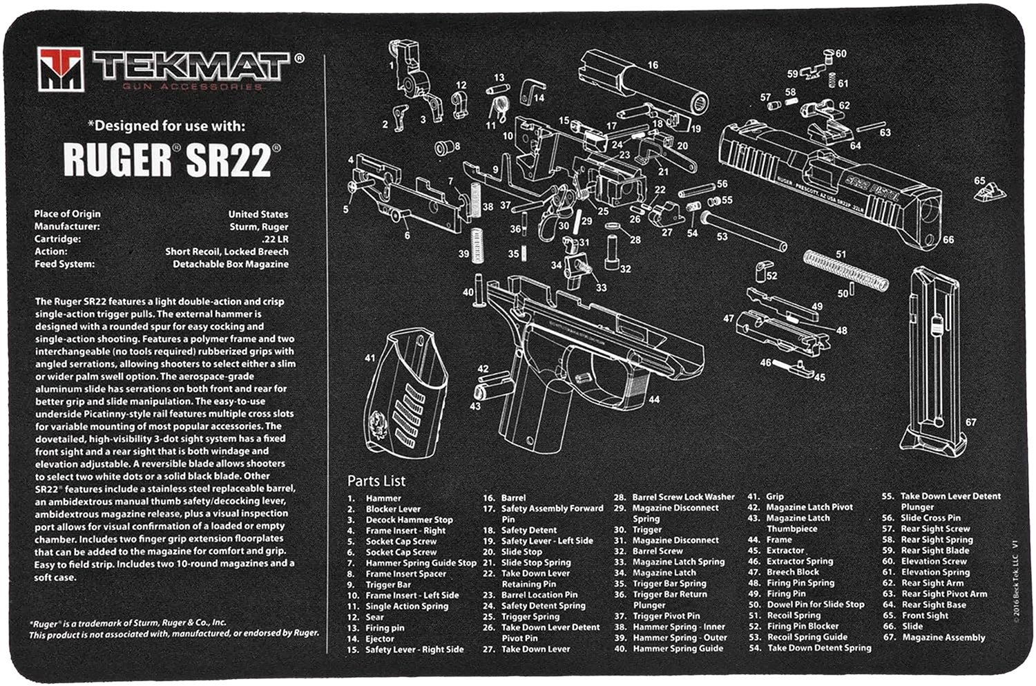 TekMat TEKR17RUGERSR22 Ruger SR22 Cleaning Mat 11"x17" - TEKMAT - NOT APPLICABLE