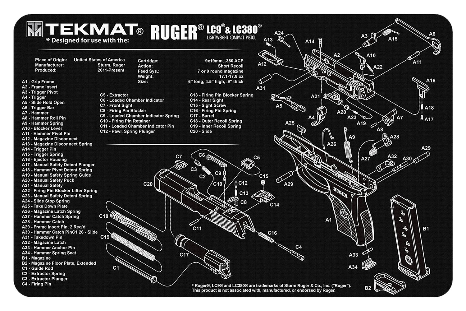 TekMat TEKR17RUGERLC9 Ruger LC9 Cleaning Mat 11"x17" Diagram - TEKMAT - NOT APPLICABLE