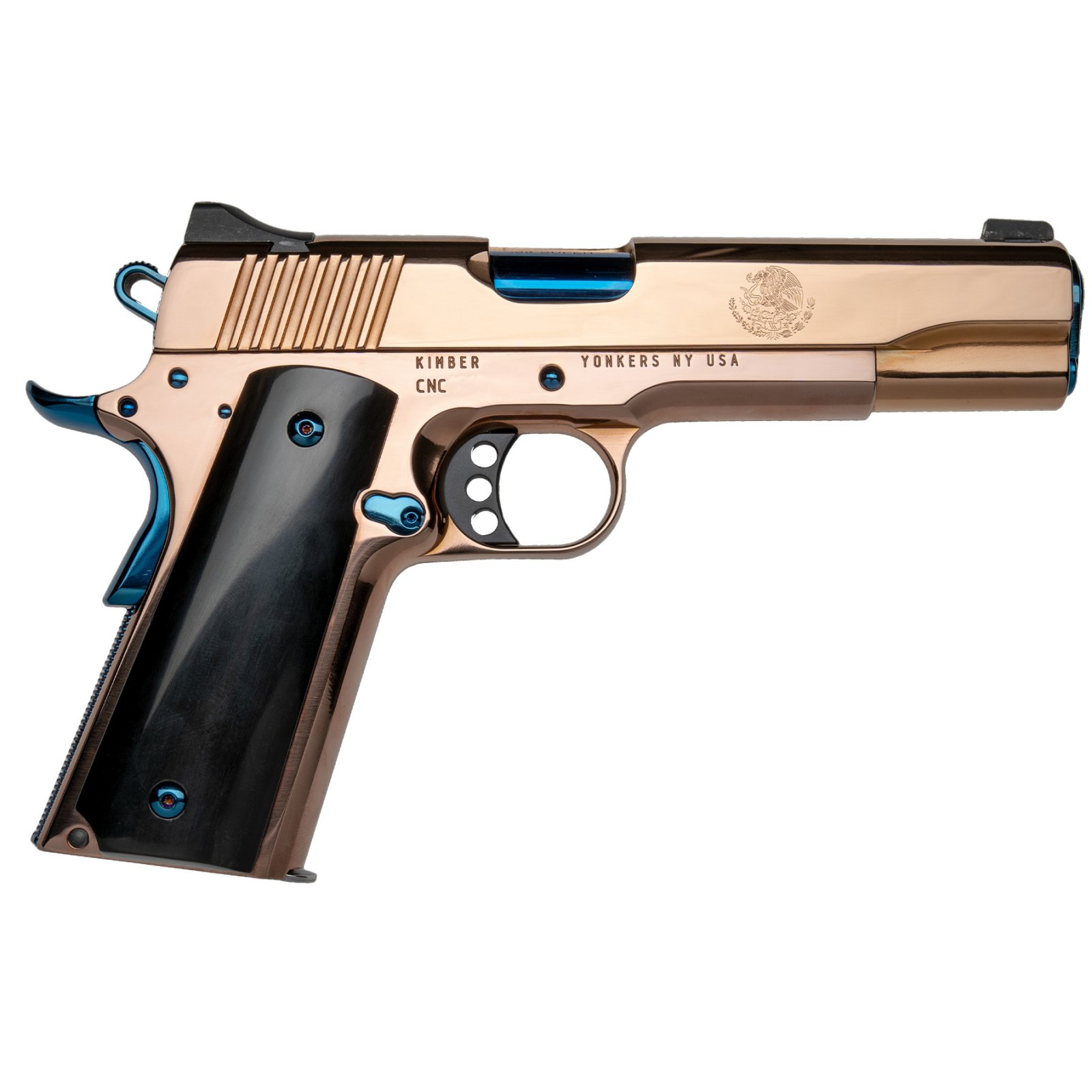 CNC KIMBER 1911 EL REY 38SUP ROSE/BLUE High-polished Rose Gold PVD finish High-polished Blue Sapphire control parts Presentation-grade Black Kirinite grips