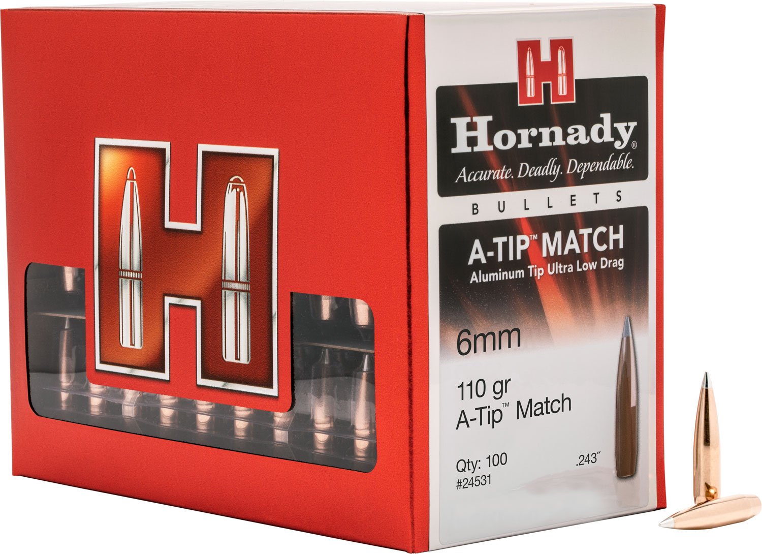 Hornady 6mm A-Tip Match 110 gr Bullet 100 Count Copper Lead - Hornady Manufacturing Company - 6mm