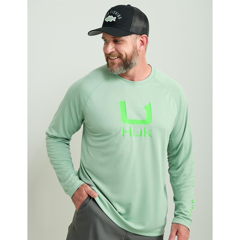 Huk H1200573-315-XL Icon Crew Long Sleeve Shirt Fog Green XL 50+ UPF