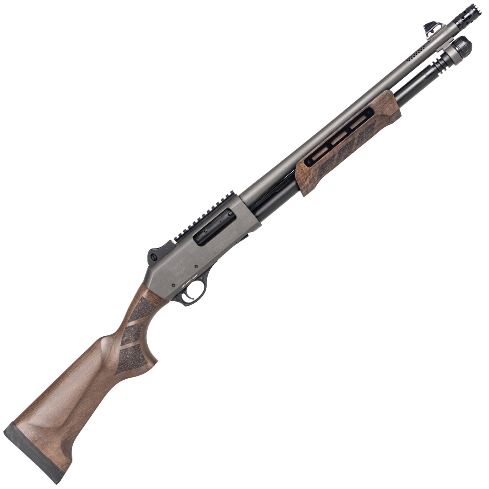 Buy PANZER ARMS CQB PUMP 12G 18.5" GRAY/WALNUT, MLOK SIDE SADDLE, DOOR BREECHER online