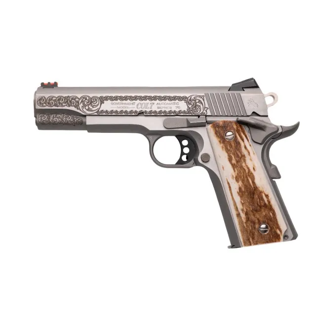 Colt Government Custom Engraved Competition Handgun .45 Auto 7rd Magazine 5 Barrel Stainless Finish Fiber Sight Stag Grips - Colt - .45 ACP