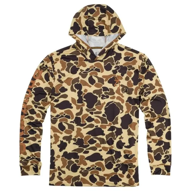 Browning Vintage Tan Camo Hooded Long Sleeve Tech Shirt S UPF 50+ - Browning