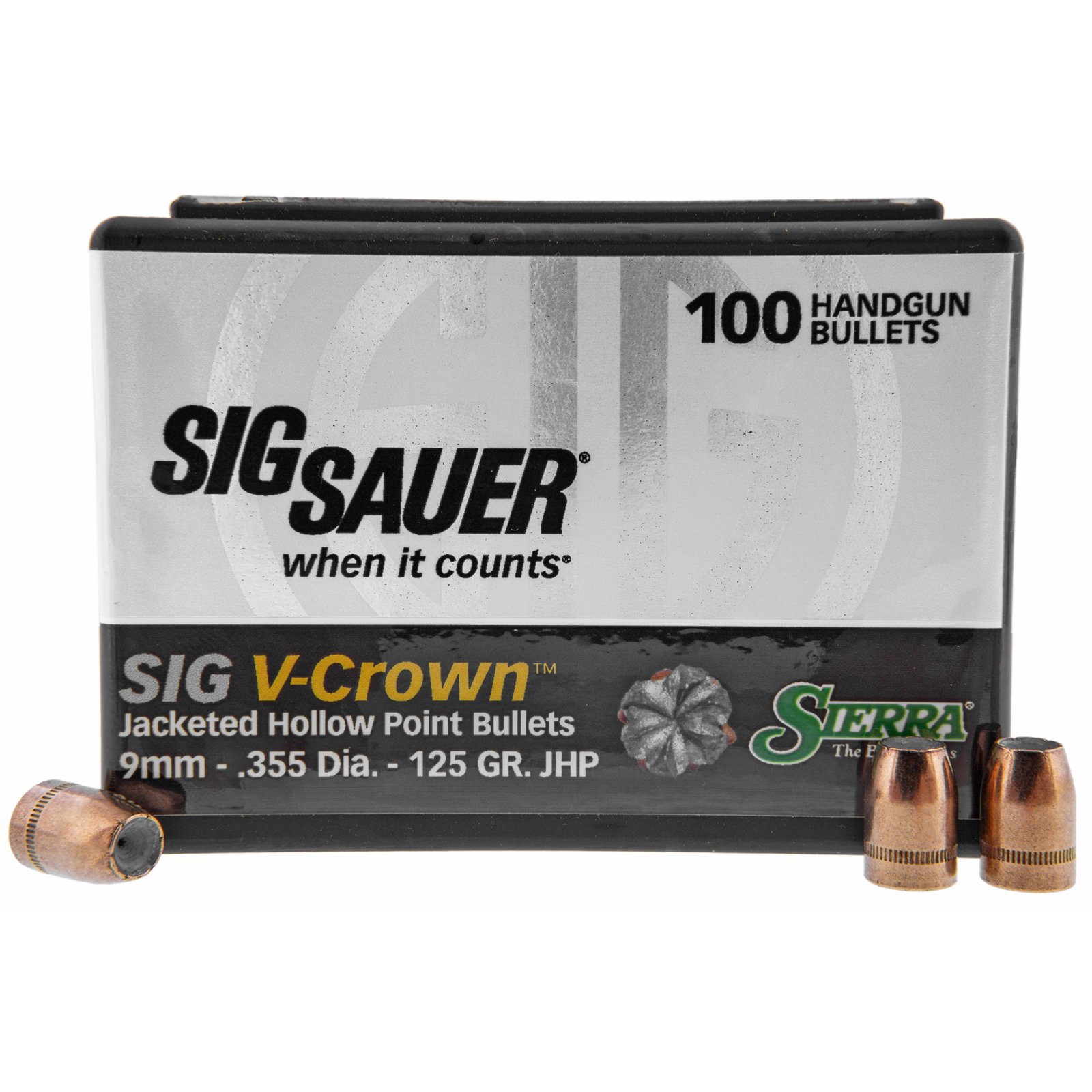 Sierra V-Crown 9mm Luger JHP 125gr Pistol Bullets - 100 Count