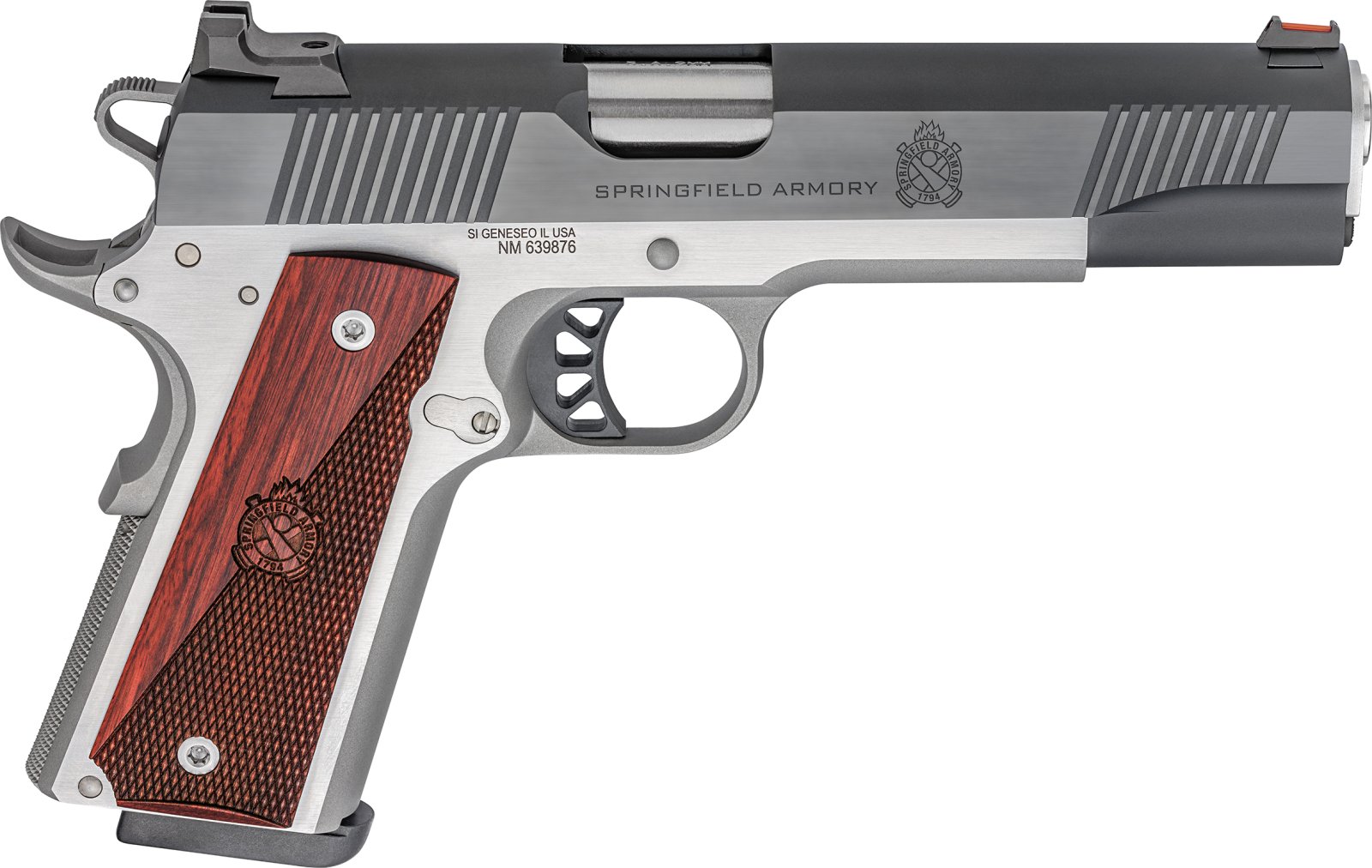 Springfield Armory 1911 Ronin Operator 9mm Two-Tone Pistol: 5" Barrel, Stainless Steel Frame, Carbon Slide, Crossed Cannon Wood Laminate Grip - Springfield Armory - 9mm