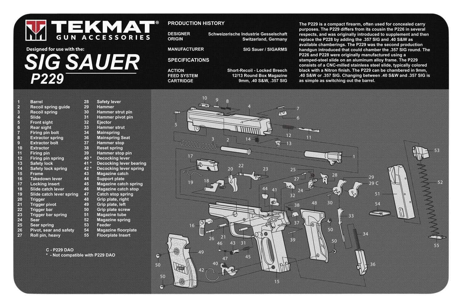 TekMat TEKR17SIGP229 Sig Sauer P229 Cleaning Mat Black/White Rubber 11"x17" Sig P229 Parts Diagram - TEKMAT - 11"X17"X1/8"