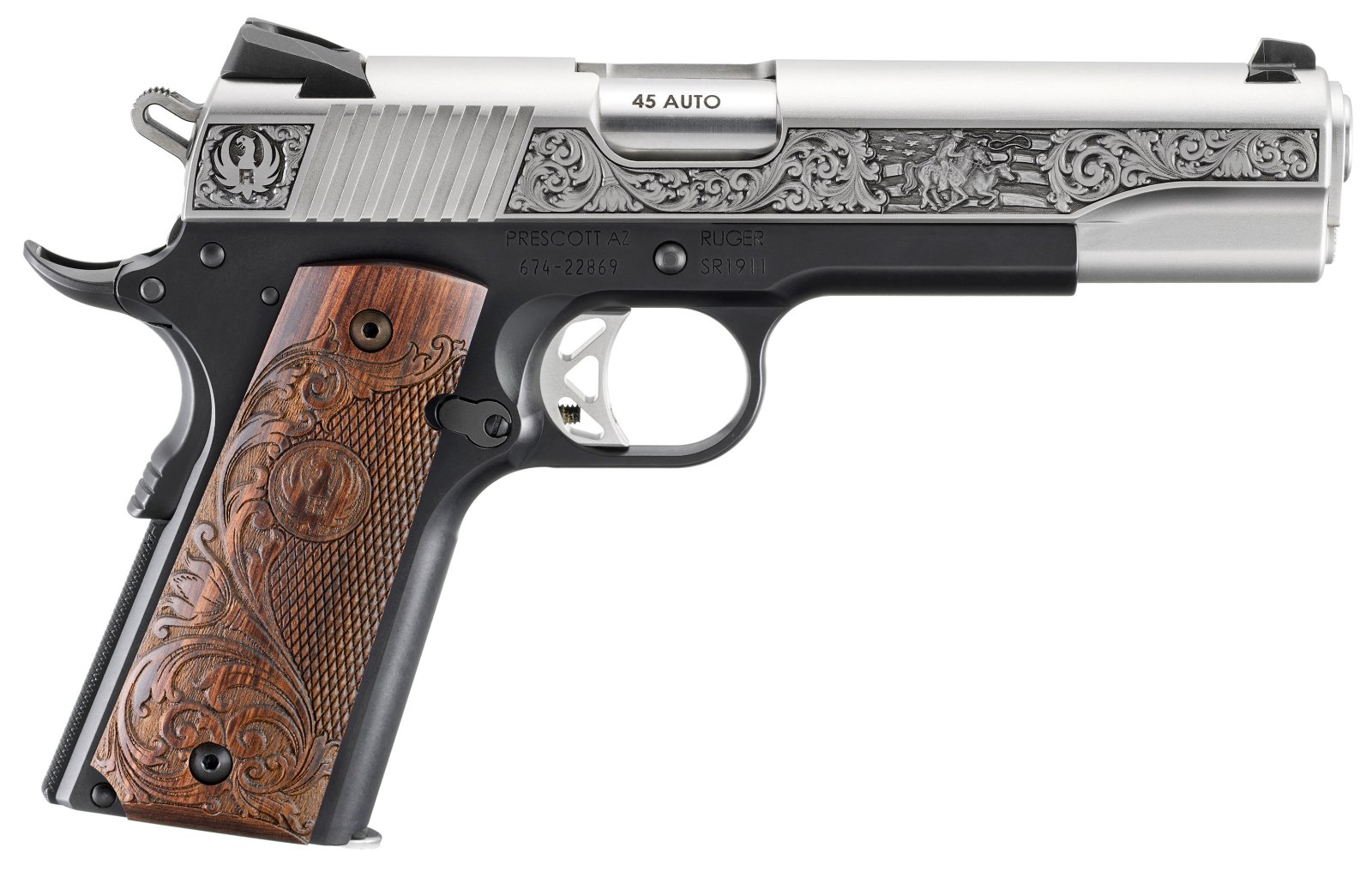 Ruger SR1911 Handgun .45 ACP 8rd Magazine(2) 5 Barrel 2-Tone w/Engraved Wood Grip