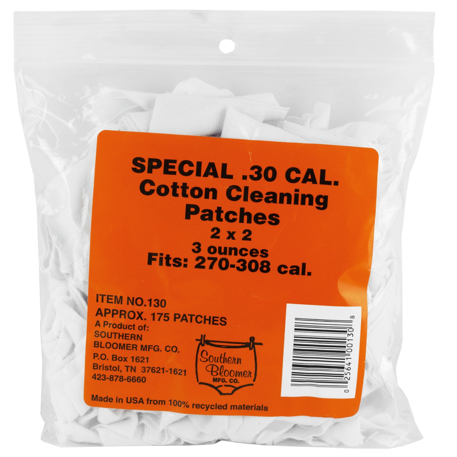 Southern Bloomer .30 Caliber Cotton Cleaning Patch, 2" x 2", Pack of 130