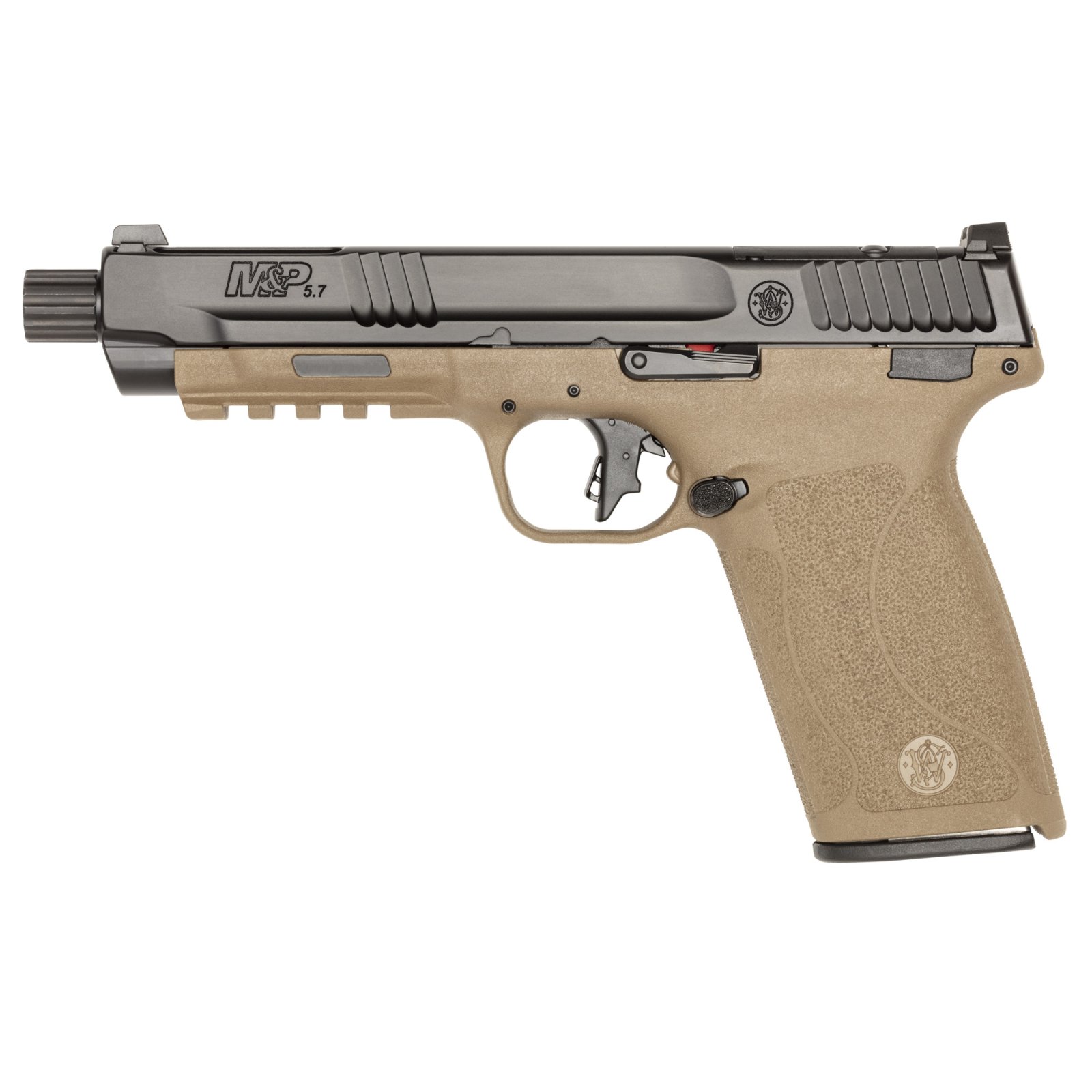 Buy S&W M&P 5.7 14078 5.7X28 OR 5(2)22R BLK/FDE Pistol, 8.5" Barrel, Optics-Cut Slide, Slim Textured Grip online