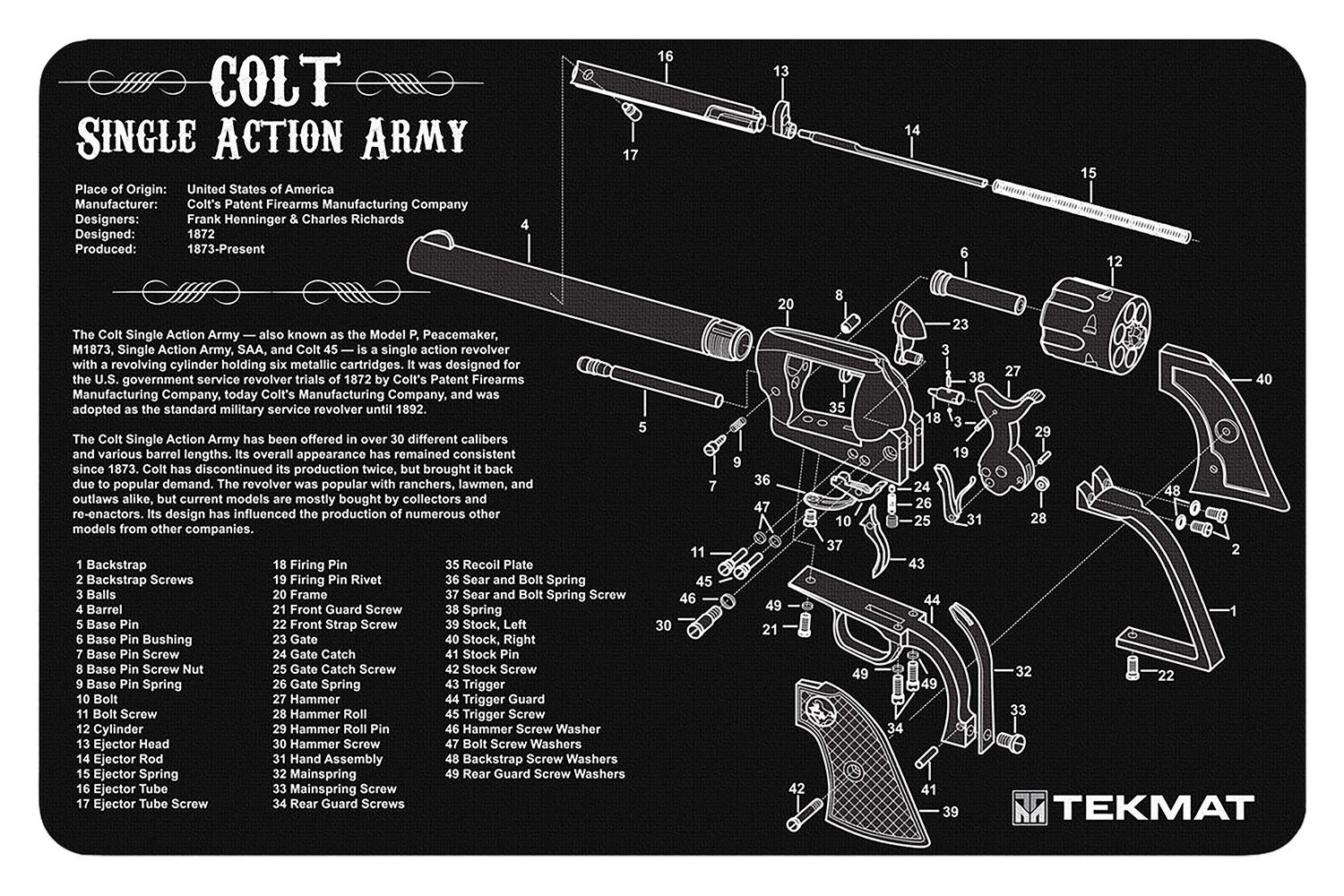 TekMat TEKR17SAA Cleaning Mat Black/White Rubber 11"x17" Colt Revolver Army Parts Diagram - TEKMAT