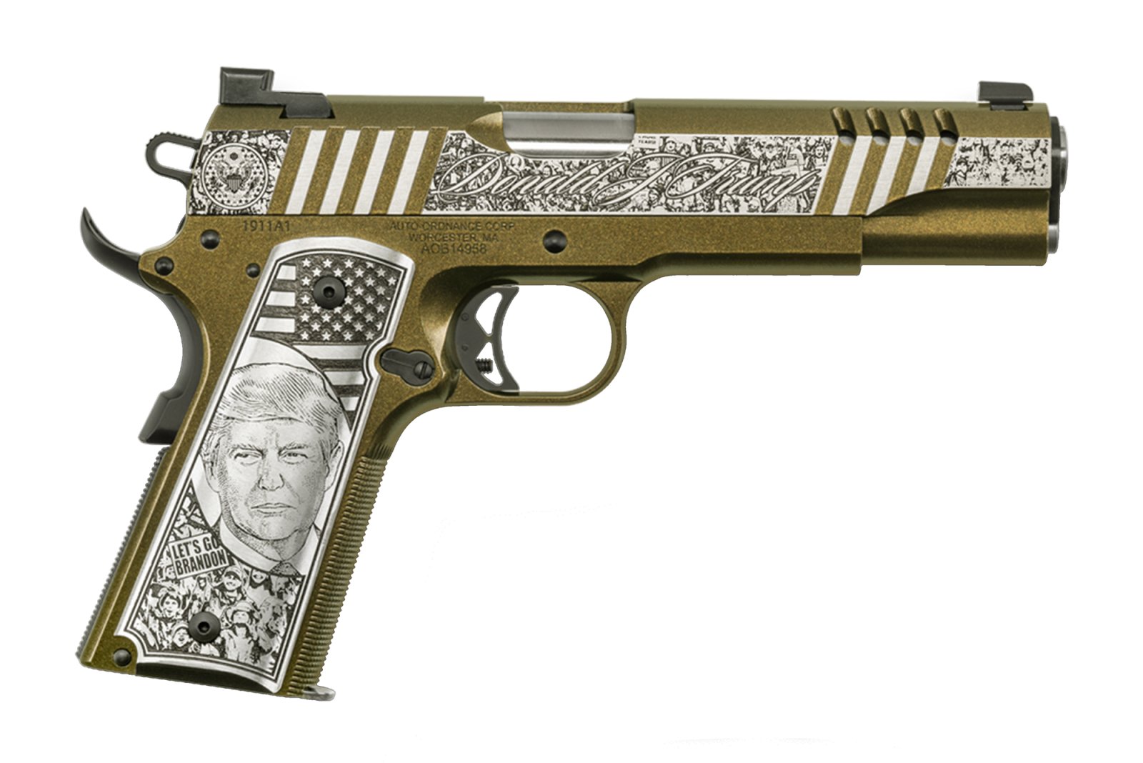 Auto Ordnance 1911TCAC12N Trump Rally Cry .45 ACP Pistol - Stainless Steel, 5" Barrel, 7rd, Night Sights, Engraved Aluminum Grips - Auto-Ordnance - 45 ACP