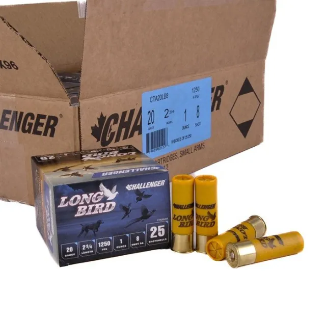 CHALLENGER AMMO LONG BIRD 20 GAUGE 2-3/4" 1OZ #8 SHOT 1250 FPS 250/CASE - CHALLENGER AMMO - 20 GAUGE