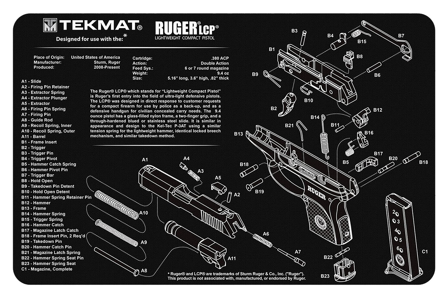 TekMat Gun Cleaning Mat 11x17 Ruger LCP - TEKMAT - NOT APPLICABLE