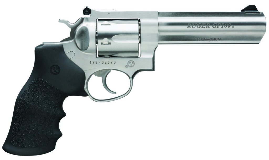 Ruger GP100 Double-Action Revolver: Stainless Steel, 5" Heavy Barrel, Black Hogue Monogrip, Adjustable Sights