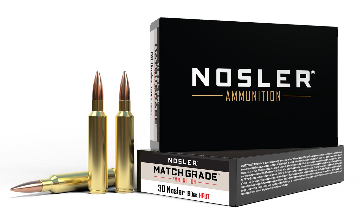 Nosler Match Grade .30 Nosler 190 Grain BTHP Ammunition - 20 Rounds, Brass Cased, 3050fps Velocity - Nosler - CUSTOM COMPETITION HOLLOW POINT BOAT TAIL