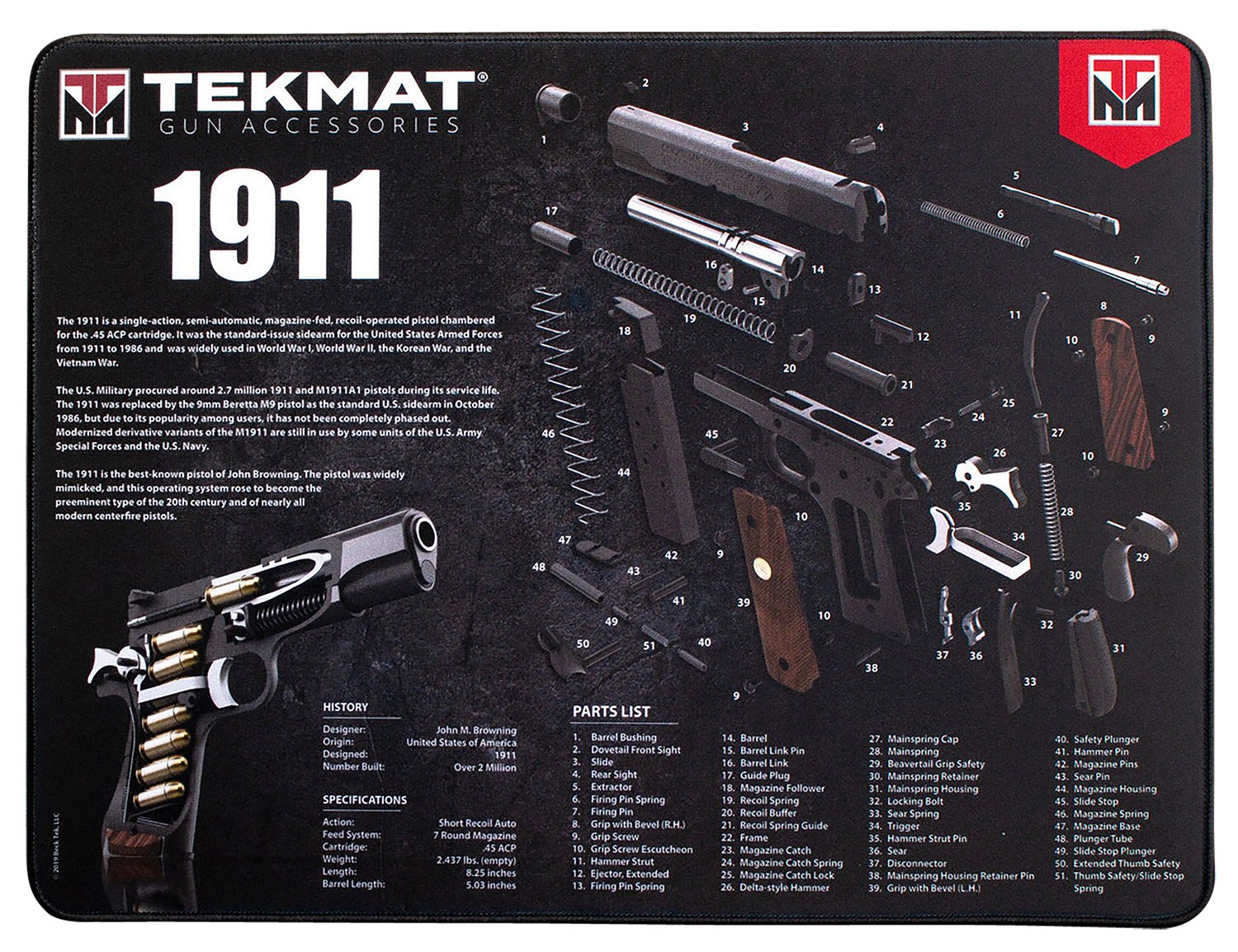 TekMat TEKR2019113D Ultra 20 Cleaning Mat Black/White Rubber 15"x20" 1911 Parts Diagram - TEKMAT - 15" X 20"