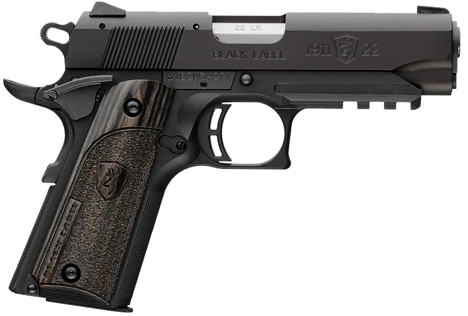 Browning 051817490 1911-22 Black Label Compact 22 LR 10+1 3.63" Matte Black Serrated Steel Slide & Polymer Frame with Picatinny Rail and Beavertail, Black Laminate Stippled Grip - Browning - 22 LR