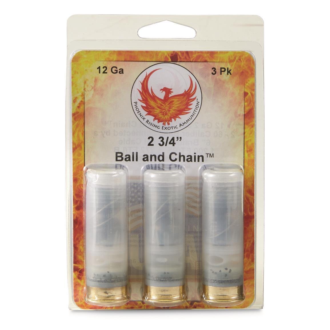 Phoenix Rising Ball & Chain Shotshells 2- 60 Cal Balls Connected with 6" Cable 12ga 2-3/4 1200 fps 3/ct