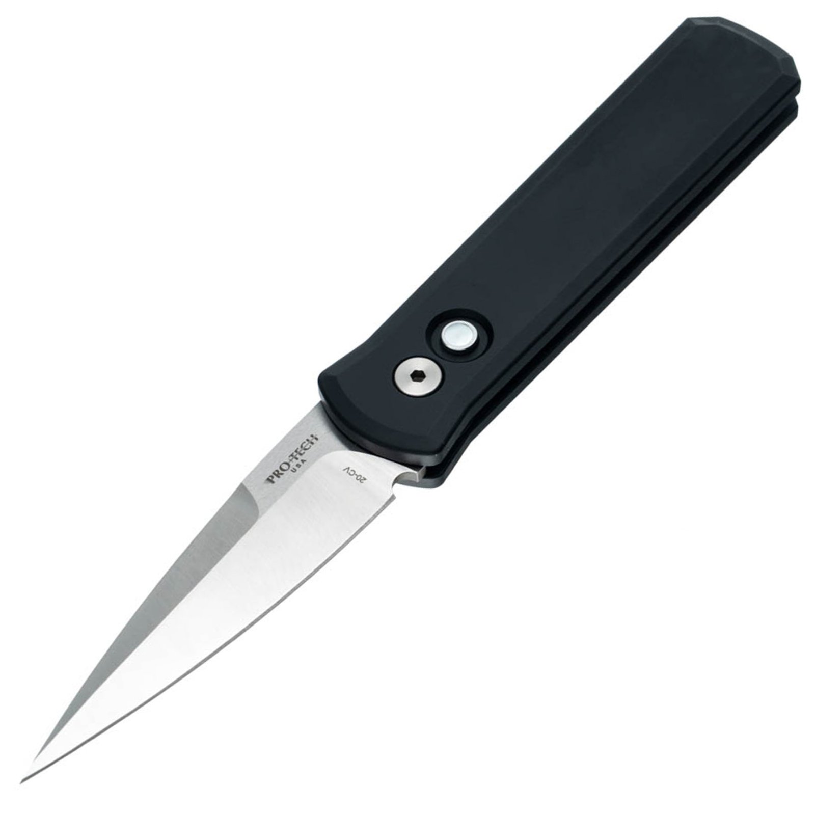 PROTECH GODSON AUTO PEARL BUTTON BLK/SATIN Godson, 3.15" Blade Auto Folder, SOLID Black Handle Satin CPM-20CV Blade, pearl button, Satin Hardware, Pearl Button, Plain Edge.