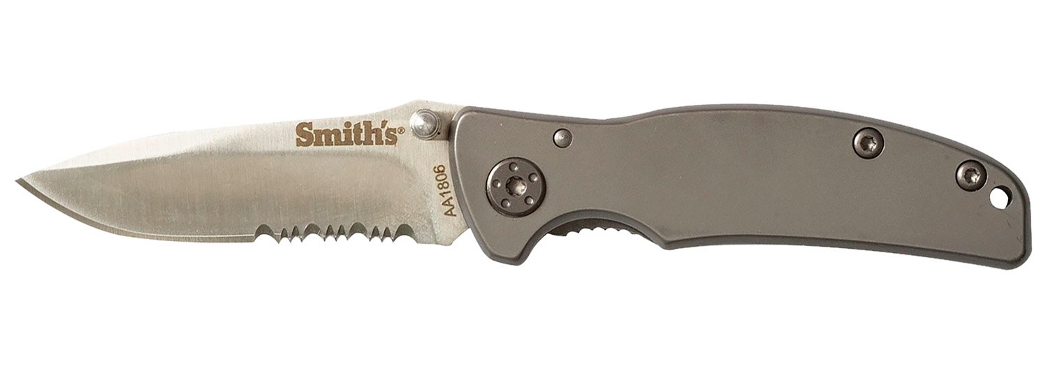 Smith's Titania I Folding Drop Point Part Serrated Satin Titanium Coated Stainless Steel Blade