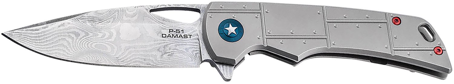 Boker 01BO910DAM P-51 Damast 3.35" Drop Point Plain Silver Acid Etch Da...