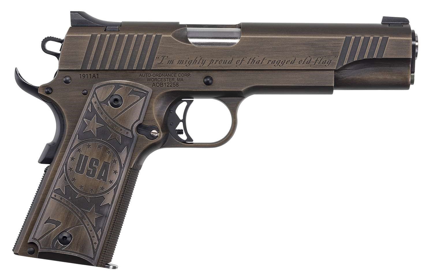 Auto Ordnance 1911 Old Glory 45 ACP Pistol, 5" Barrel, Bronze Distressed Cerakote, 7 Round, Night Sights, Engraved Grips - Auto-Ordnance - .45ACP