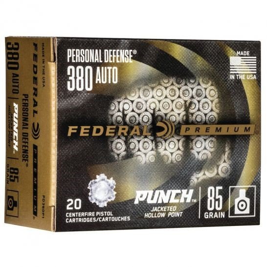 Federal PD380P1 Punch .380 Auto 85gr JHP Ammo, Nickel-Plated Brass, 20-Pack