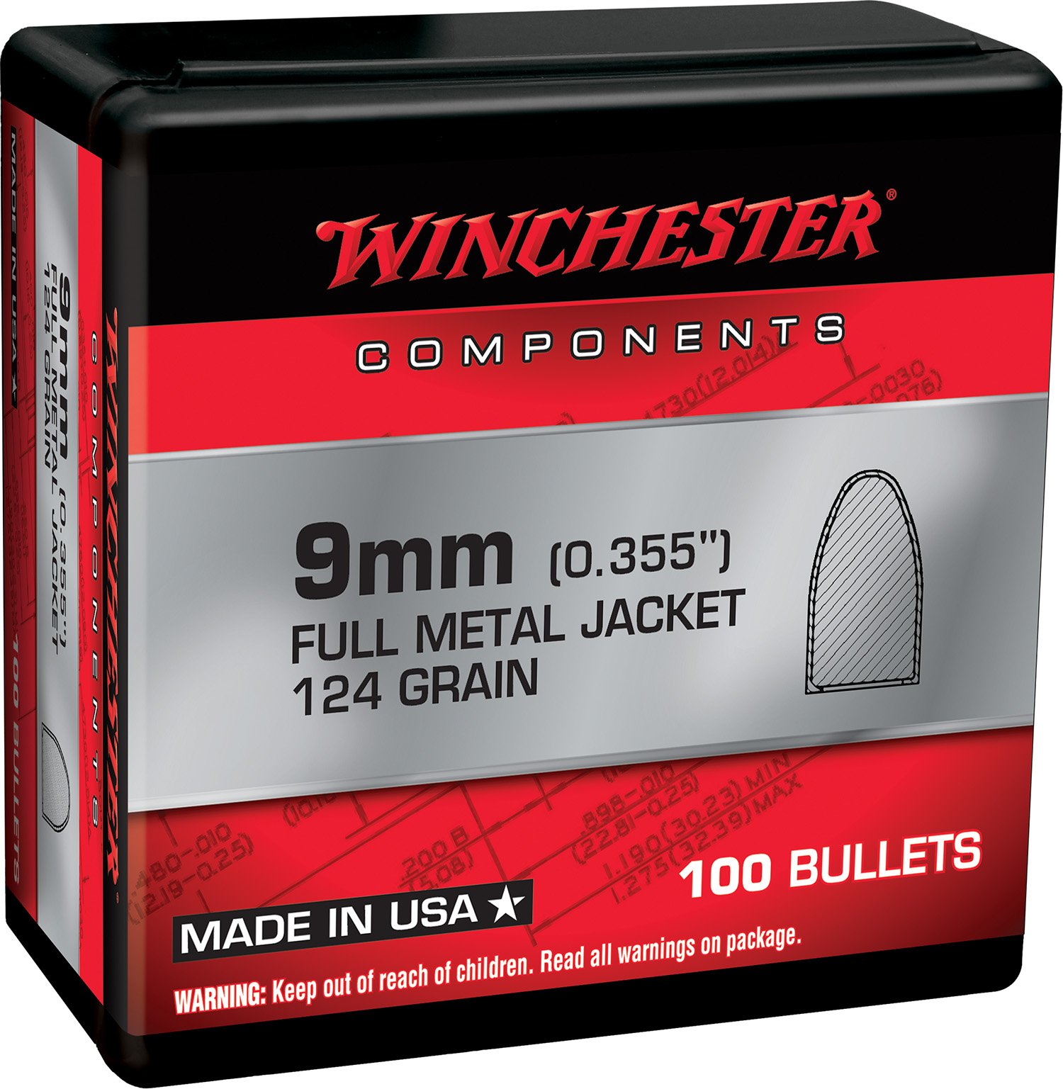 Winchester WB9MC124X 9mm 124 Grain FMJ Bullets 0.355 in 100 Count - Winchester - .355
