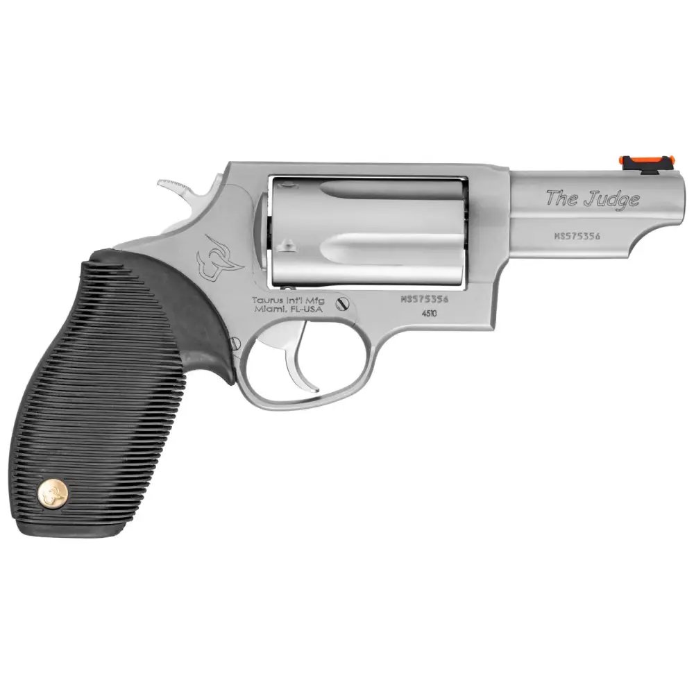 Taurus Judge Compact Revolver, Matte Stainless, .45 LC, 3" Barrel, 5-Round, Ribber Grip, Red Fiber Optic Sight - Taurus International Manufacturing, Inc. - 410 Bore | 45 Colt