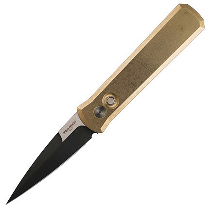 PROTECH GODSON 3.15" AUTO PLAIN BRONZE/BLK/SATIN Solid BronzeAL handle, black/satin flats 154-CM, mother of pearl push button