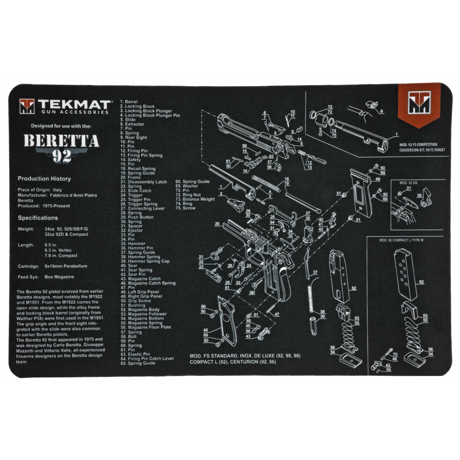TekMat TEK-R17-BER92 Beretta 92 Pistol Mat 17x11" Black