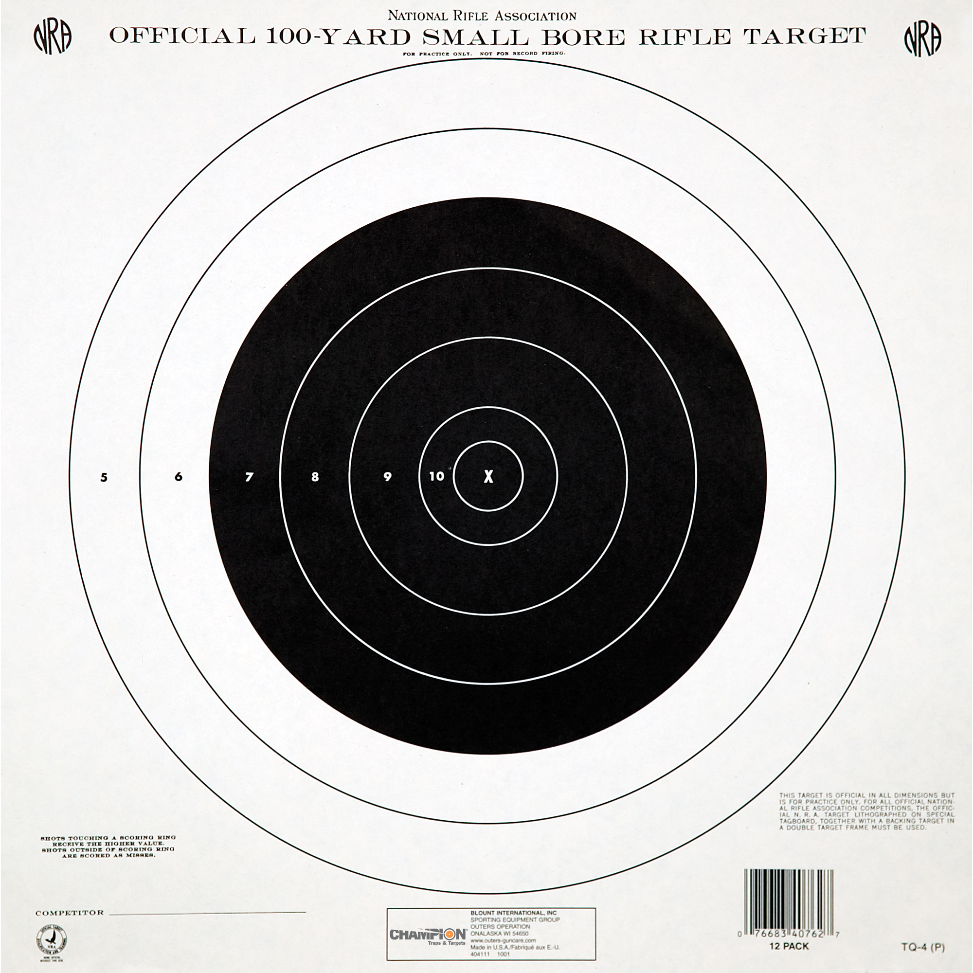 Champion NRA TQ-4P 100 Yard Small Bore Rifle Target 12 Pack Paper 40762