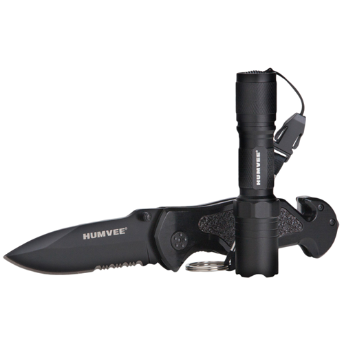 HUMVEE Emergency Rescue Combo, 3 1/4" Blade, Aluminum Handle with Glass Breaker and Seatbelt Cutter, LED Light