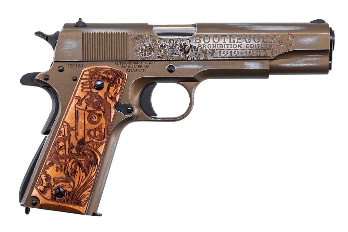 Auto-Ordnance 1911 Bootlegger Special Edition .45 ACP, 5" Barrel, Engraved Walnut Grip, Distressed Burnt Bronze Cerakote, 7 Round Capacity - Auto-Ordnance - 45 ACP