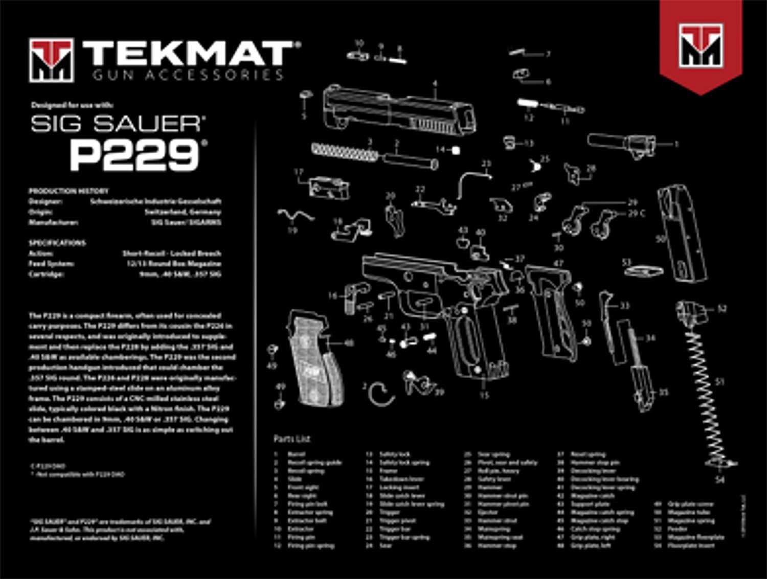 TekMat TEKR20SIGP229 Sig Sauer P229 Ultra 20 Cleaning Mat Multi-Color Rubber 15"x20" Sig P229 Parts Diagram - TEKMAT - 15" X 20"