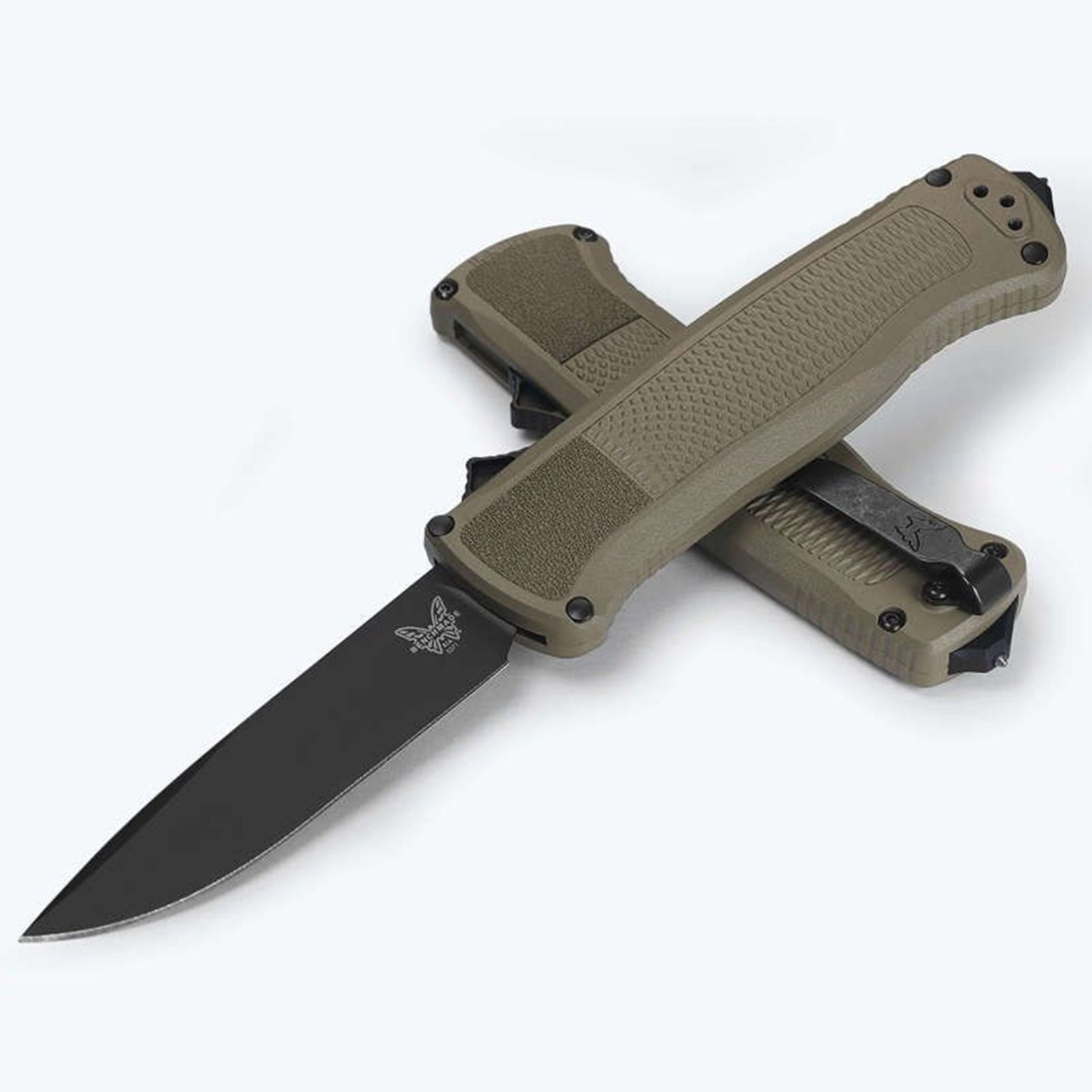Benchmade Shootout Aut OTF 3.5" Drop Point Black Blade; Ranger Green Grivory w/ Carbine Glass Breaker Handle - BENCHMADE