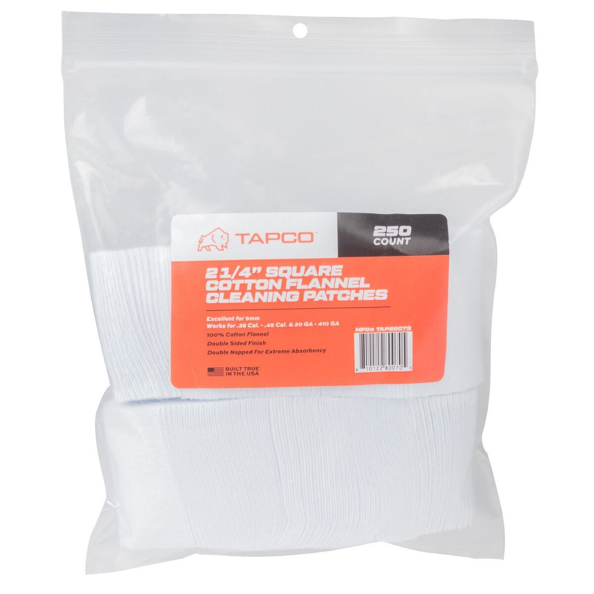 Tapco TAP22073 2.25" Cotton Square Patches 250 Count 38-45 Caliber - Tapco - 2.25" SQUARE