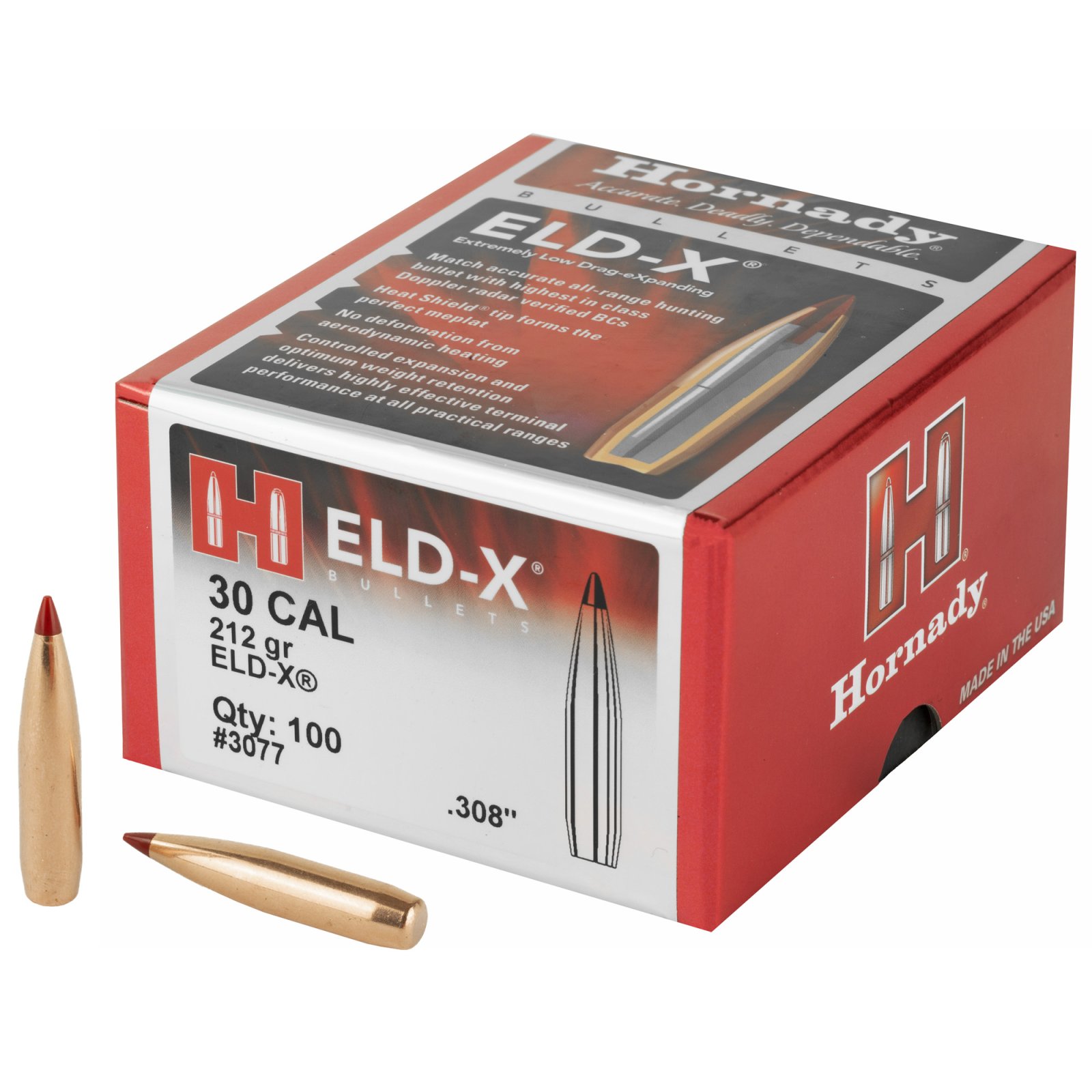 Hornady 3077 ELD-X Hunting 30 Cal .308 212 gr Extremely Low Drag-eXpanding - Hornady Manufacturing Company - 30 Caliber