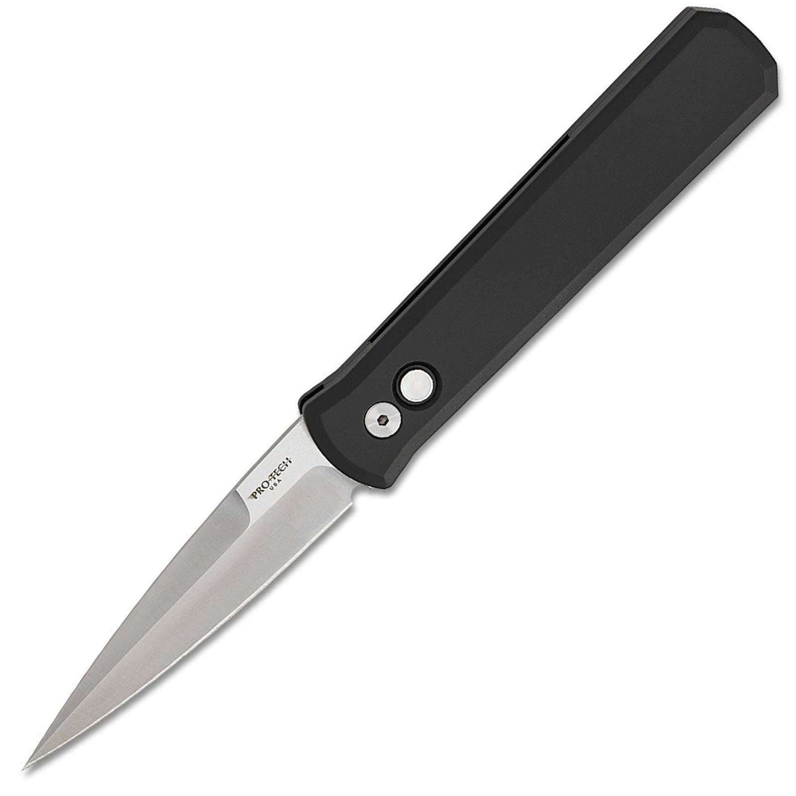 PROTECH GODFATHER BLK/SATIN 4" Auto, SOLID Black Handle, Satin Blade, mother of pearl button, satin hardware
