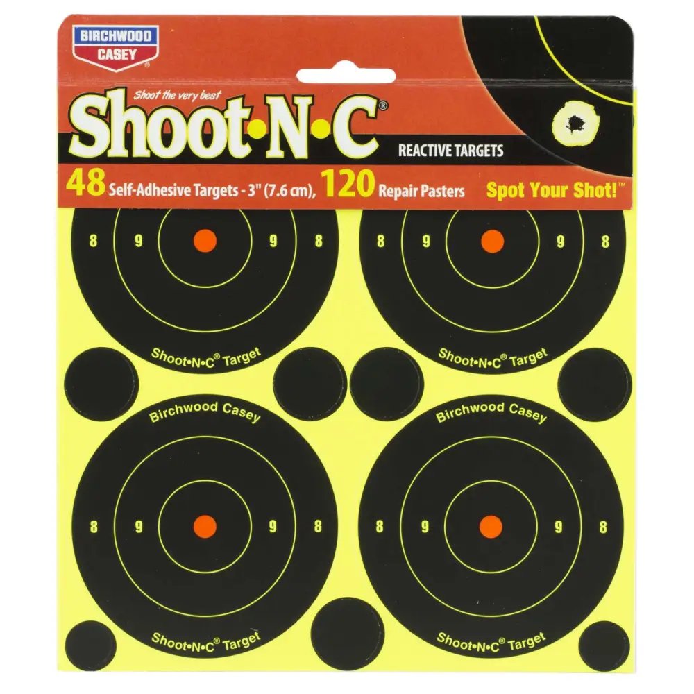Birchwood Casey Shoot-N-C Reactive Target Black/Yellow Self-Adhesive Paper Air/Rimfire Rifle Chartreuse 12 Targets Includes Pasters - Birchwood Casey - 3"