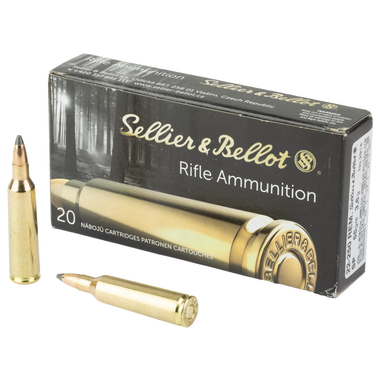 Sellier & Bellot SB22250B 22-250 Rem 55gr Soft Point Ammo 20 Rounds