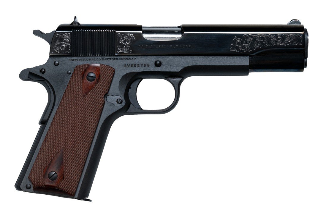 Colt 1911 GOVERNMENT CLASSIC 45ACP 5IN BARREL 7RD BLACK BARLEYCORN TABS GOLD SCROLLED O1911C-CX006T - Colt - 45 ACP